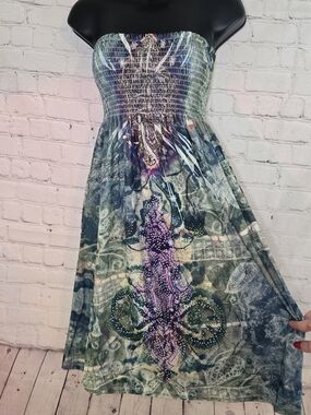 Ocean Breeze Smocked Tube Dress Y2k Boho Indie Tribal Print  Rhinestones Details